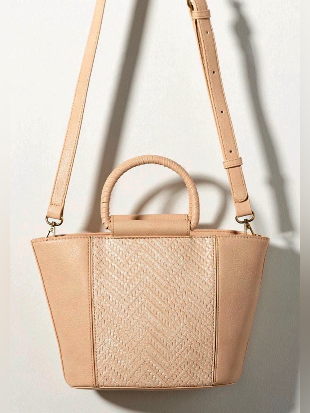 Anthropologie Woven Ring Handle Crossbody Bag Cream Boho NWOT